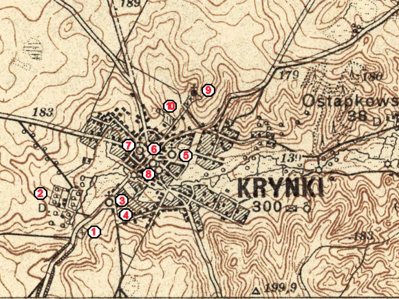 Mapa Krynek z 1931 r. z zaznaczonymi zabytkami.