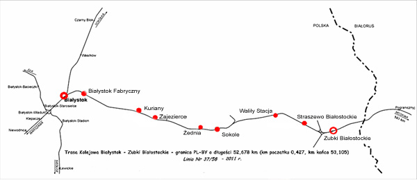 Mapa linii kolejowej Białystok - Zubki Białostockie